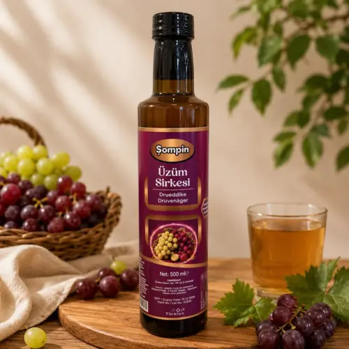Şompin Drueddike (Üzüm Sirkesi) 500 ml glasflaske med naturlig drueddike på træbord omgivet af friske grønne og røde druer.