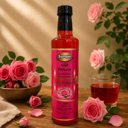 Şompin Roseneddike (Gül Sirkesi) 500 ml glasflaske med naturlig roseneddike på træbord omgivet af friske lyserøde roser.