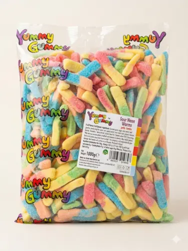 Sour Neon Worms Jelly Candy, Yummy Gummy 1 KG