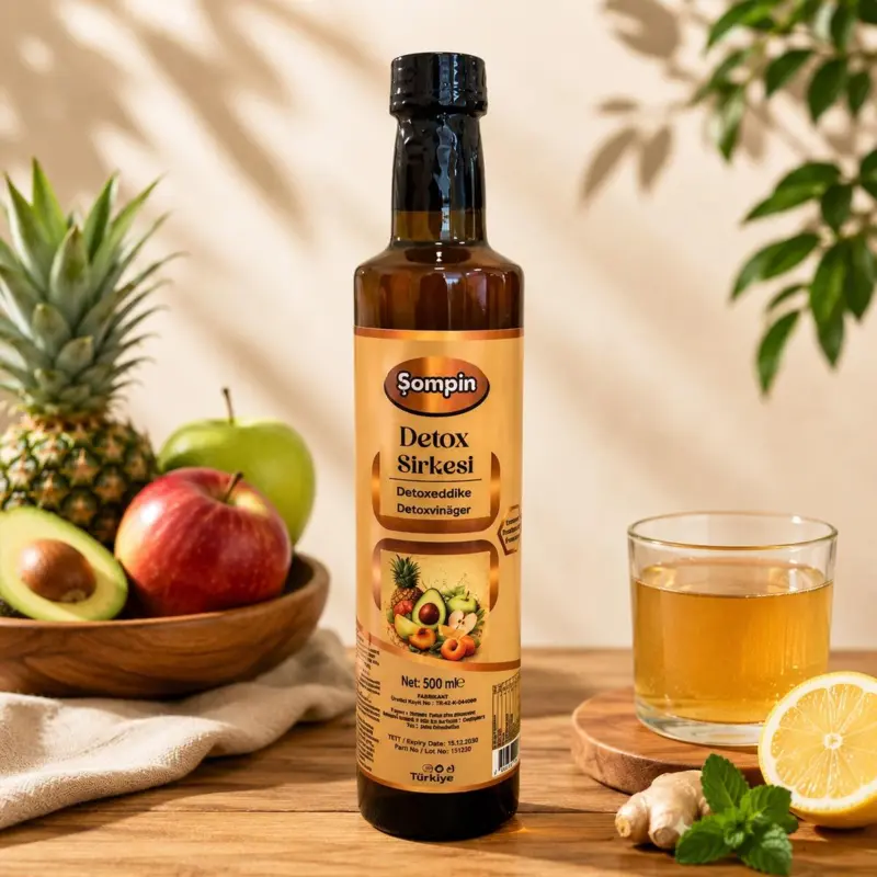 Şompin Detoxeddike (Detox Sirkesi) 500 ml glasflaske med detoxeddike på træbord omgivet af frugt og citron.
