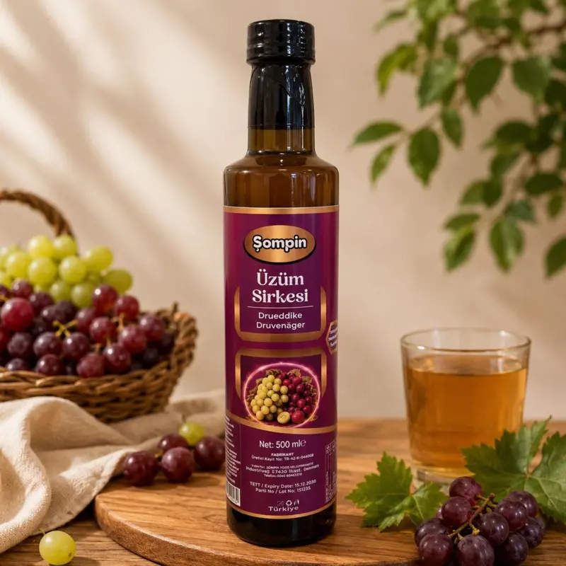 Şompin Drueddike (Üzüm Sirkesi) 500 ml glasflaske med naturlig drueddike på træbord omgivet af friske grønne og røde druer.