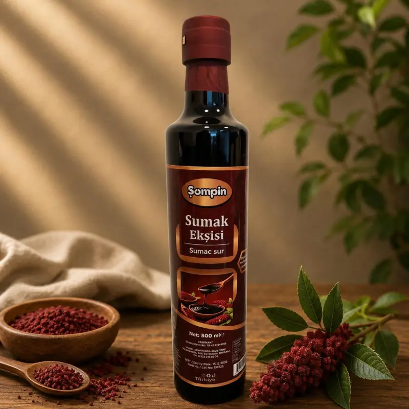 Şompin Sumac Sur (Sumak Ekşisi) 500 ml glasflaske med naturlig sumac sur på træbord omgivet af sumak og grønne blade.