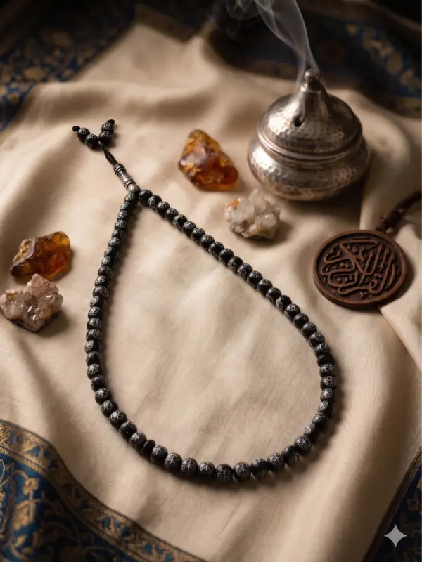 Sort/sølv  Plastic  tasbih med sølv design, 99 perler
