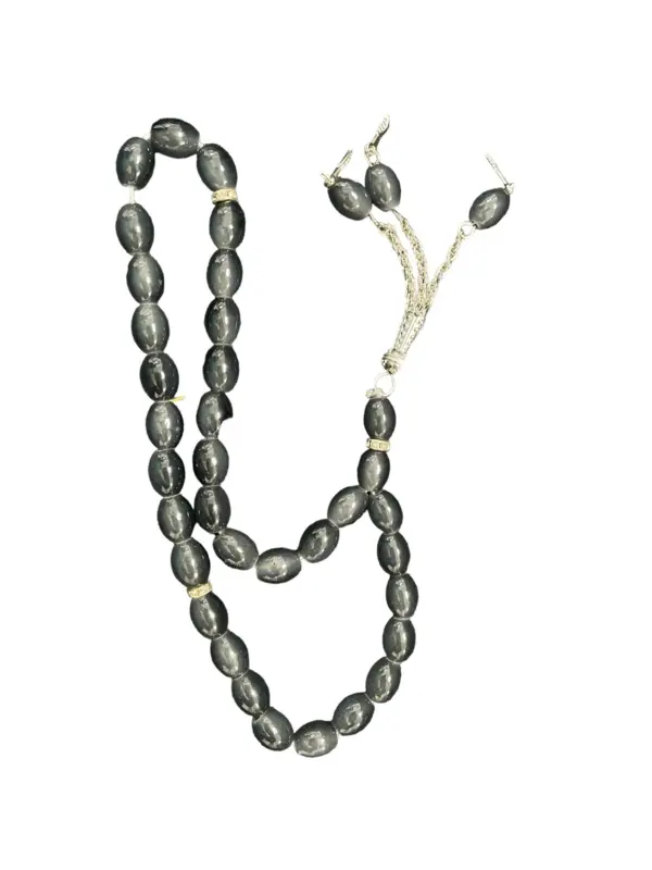Droppformat glas Tasbih med silverdetaljer, 33 pärlor