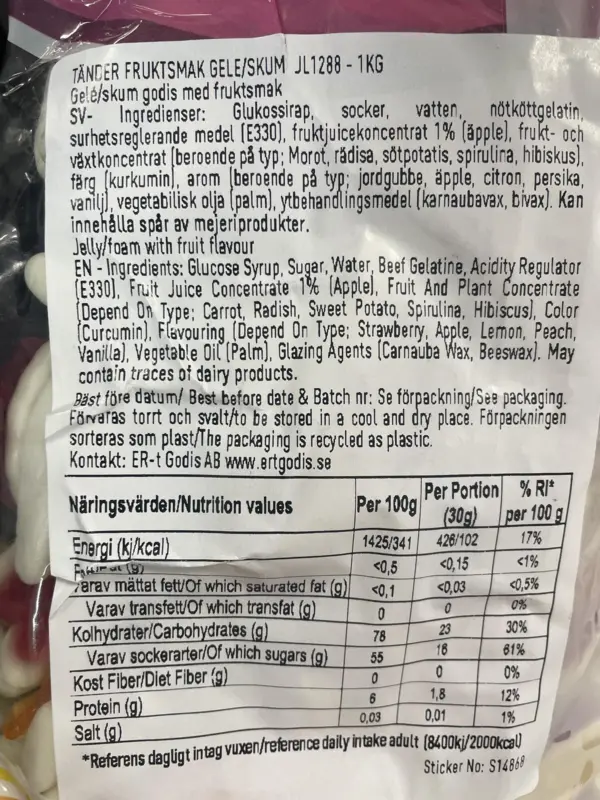 Tænder Med Frugtsmag Gele/skum - Jellioo 1kg
